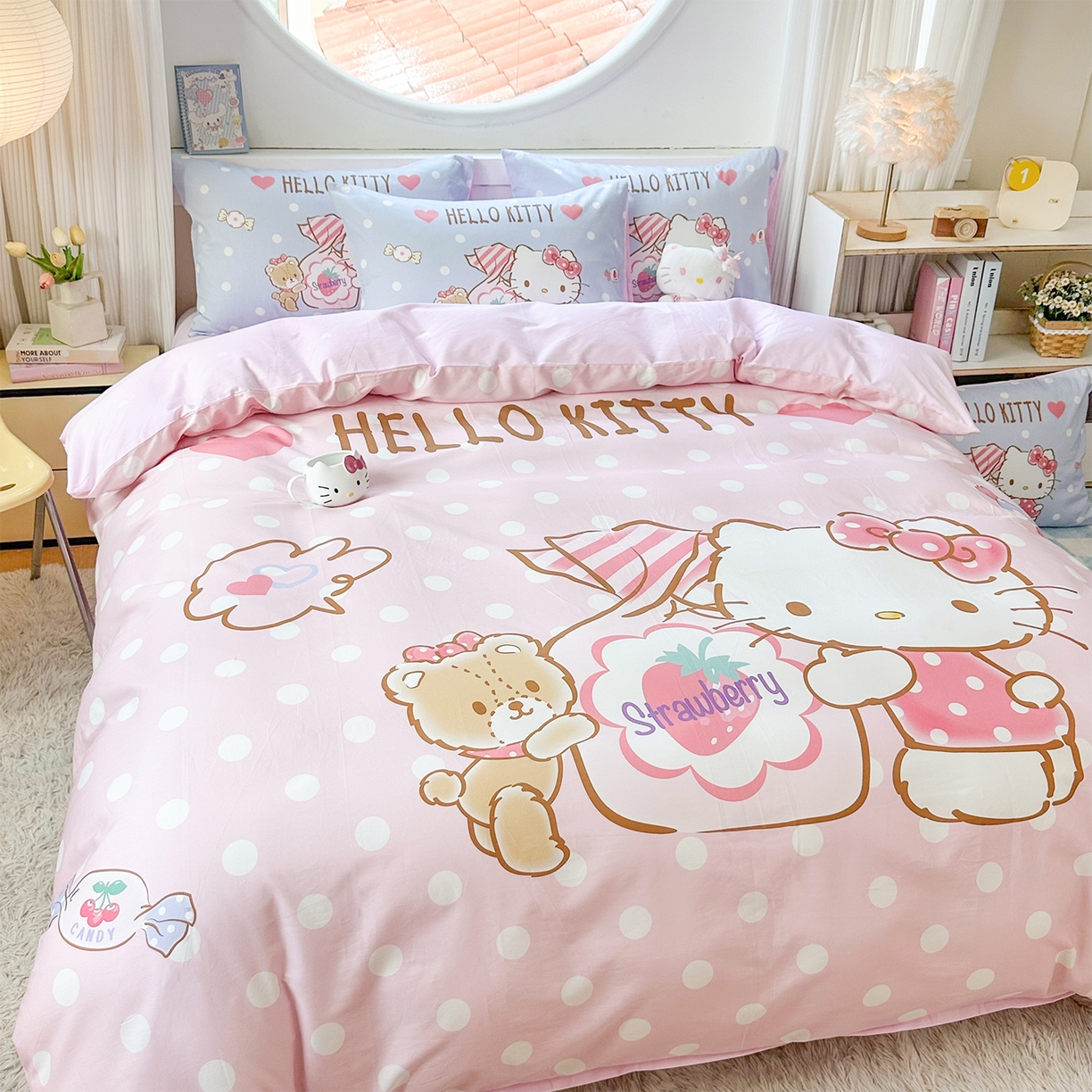 91家纺网 家纺一手货源 找家纺 玉元坊 2025新款正版授权三丽鸥系列全棉纯棉三四件套 基础款 草莓糖果凯蒂猫-基础款