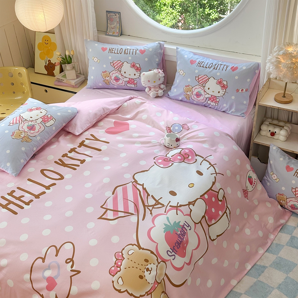 91家纺网 家纺一手货源 找家纺 玉元坊 2025新款正版授权三丽鸥系列全棉纯棉三四件套 基础款 草莓糖果凯蒂猫-基础款