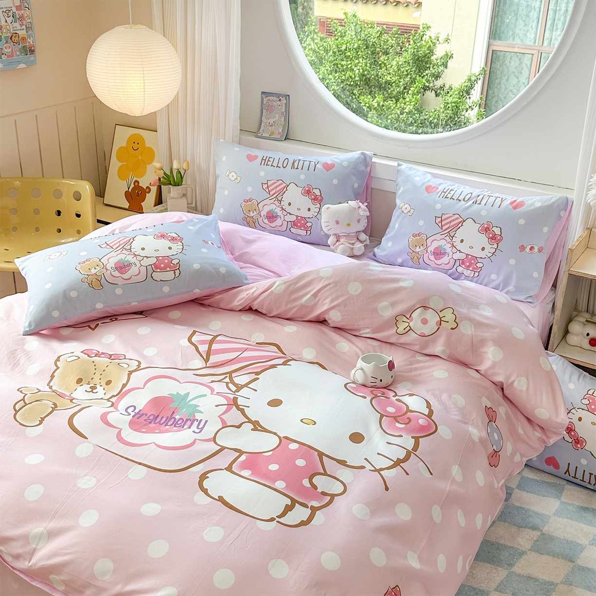 91家纺网 家纺一手货源 找家纺 玉元坊 2025新款正版授权三丽鸥系列全棉纯棉三四件套 基础款 草莓糖果凯蒂猫-基础款