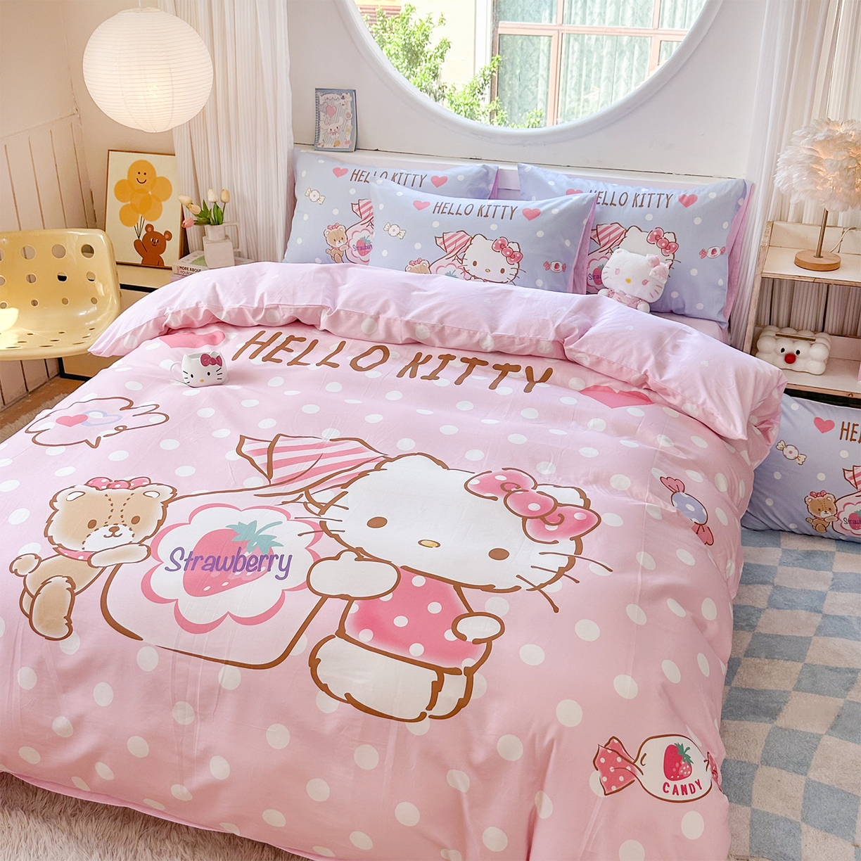 91家纺网 家纺一手货源 找家纺 玉元坊 2025新款正版授权三丽鸥系列全棉纯棉三四件套 基础款 草莓糖果凯蒂猫-基础款