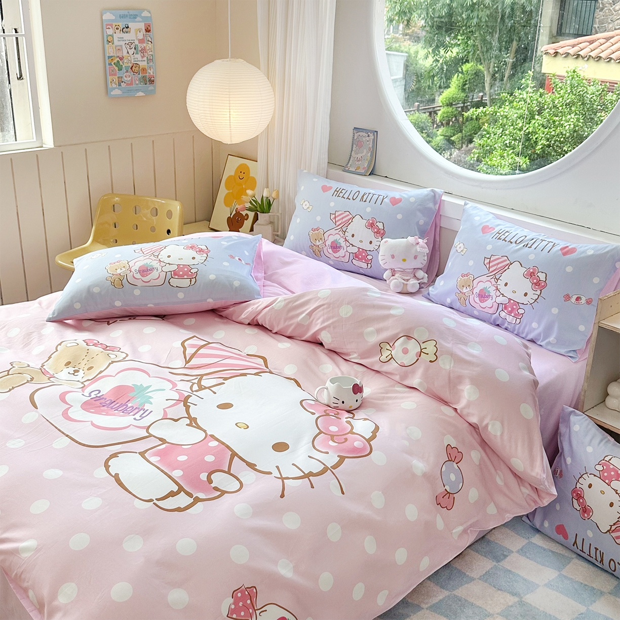 91家纺网 家纺一手货源 找家纺 玉元坊 2025新款正版授权三丽鸥系列全棉纯棉三四件套 基础款 草莓糖果凯蒂猫-基础款