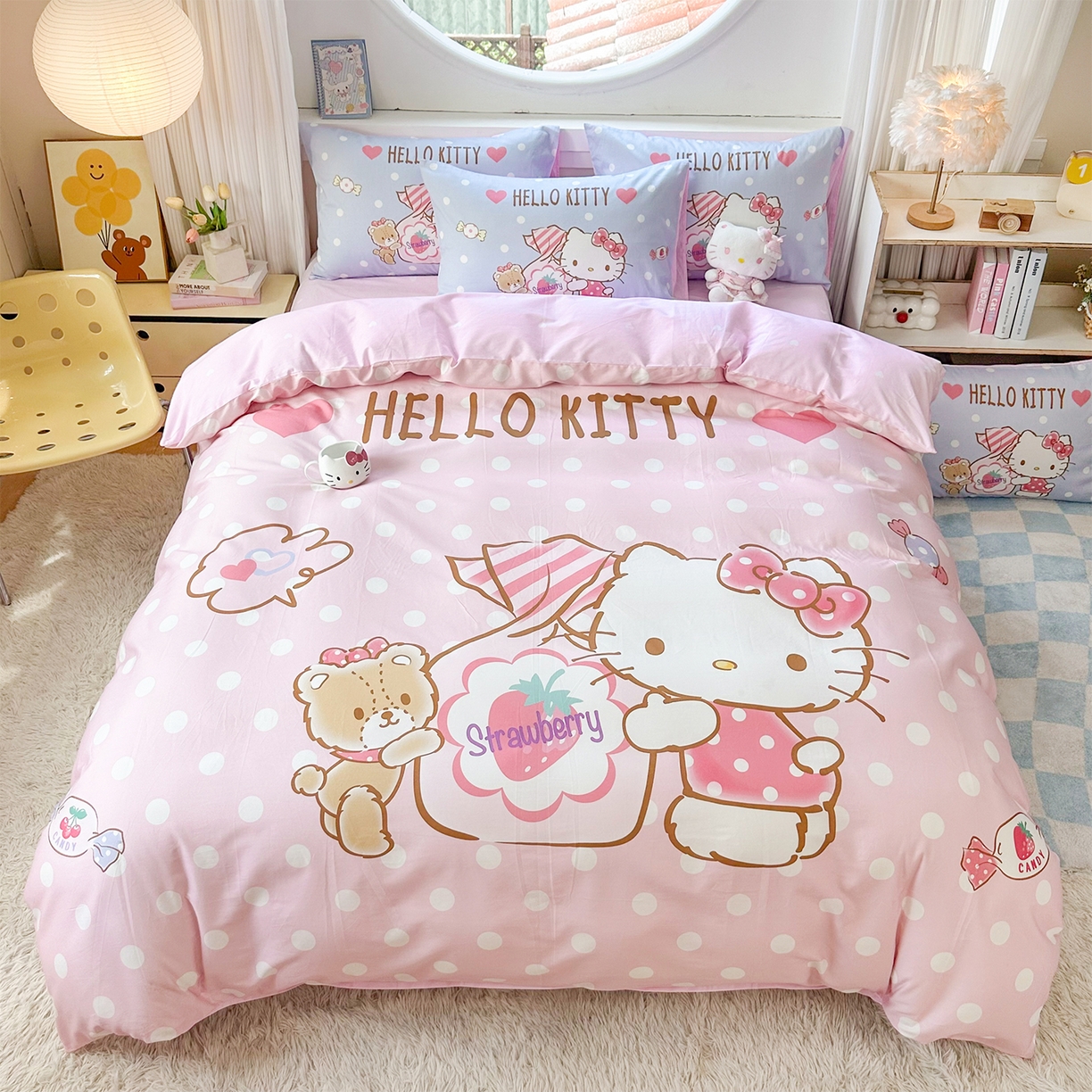 91家纺网 家纺一手货源 找家纺 玉元坊 2025新款正版授权三丽鸥系列全棉纯棉三四件套 基础款 草莓糖果凯蒂猫-基础款