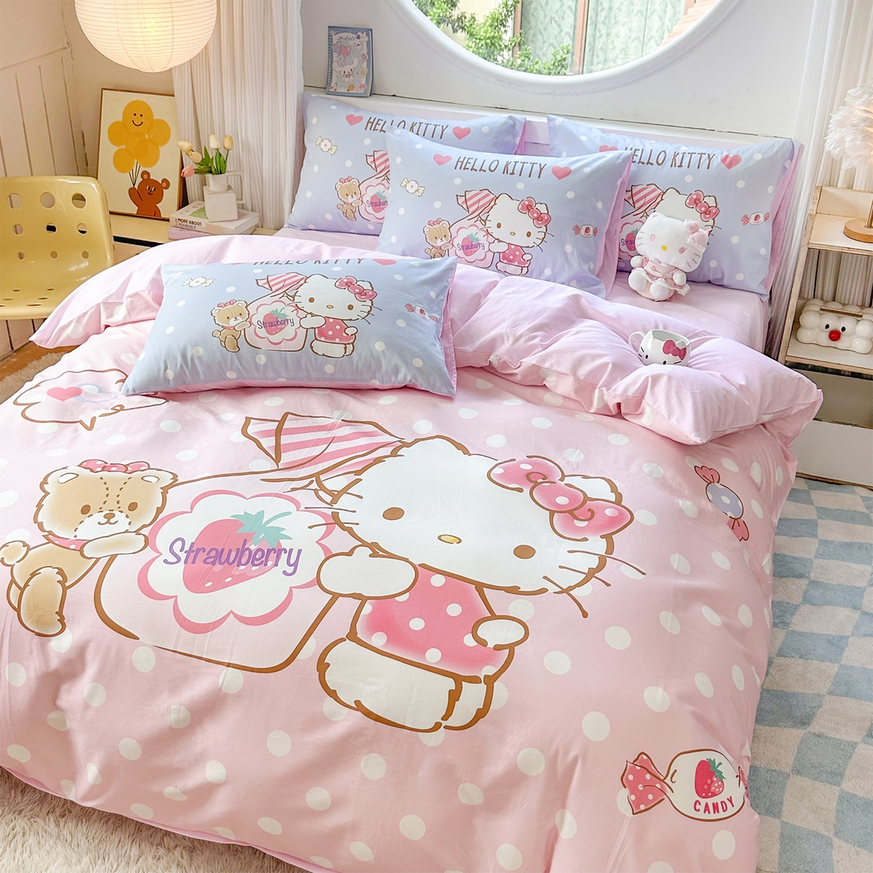 91家纺网 家纺一手货源 找家纺 玉元坊 2025新款正版授权三丽鸥系列全棉纯棉三四件套 基础款 草莓糖果凯蒂猫-基础款