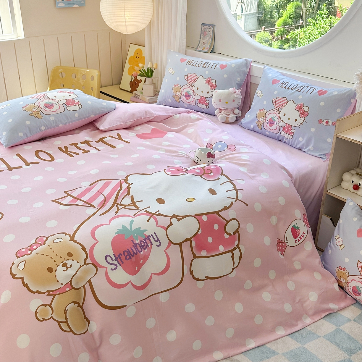 91家纺网 家纺一手货源 找家纺 玉元坊 2025新款正版授权三丽鸥系列全棉纯棉三四件套 基础款 草莓糖果凯蒂猫-基础款