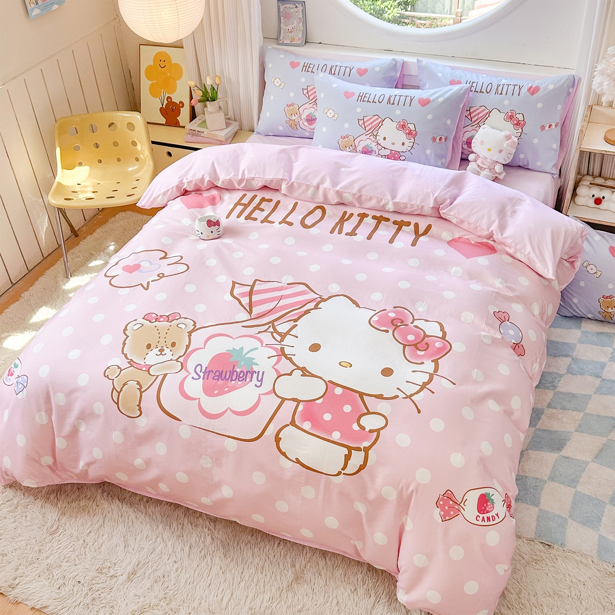 玉元坊 2025新款正版授权三丽鸥系列全棉纯棉三四件套 基础款 草莓糖果凯蒂猫-基础款