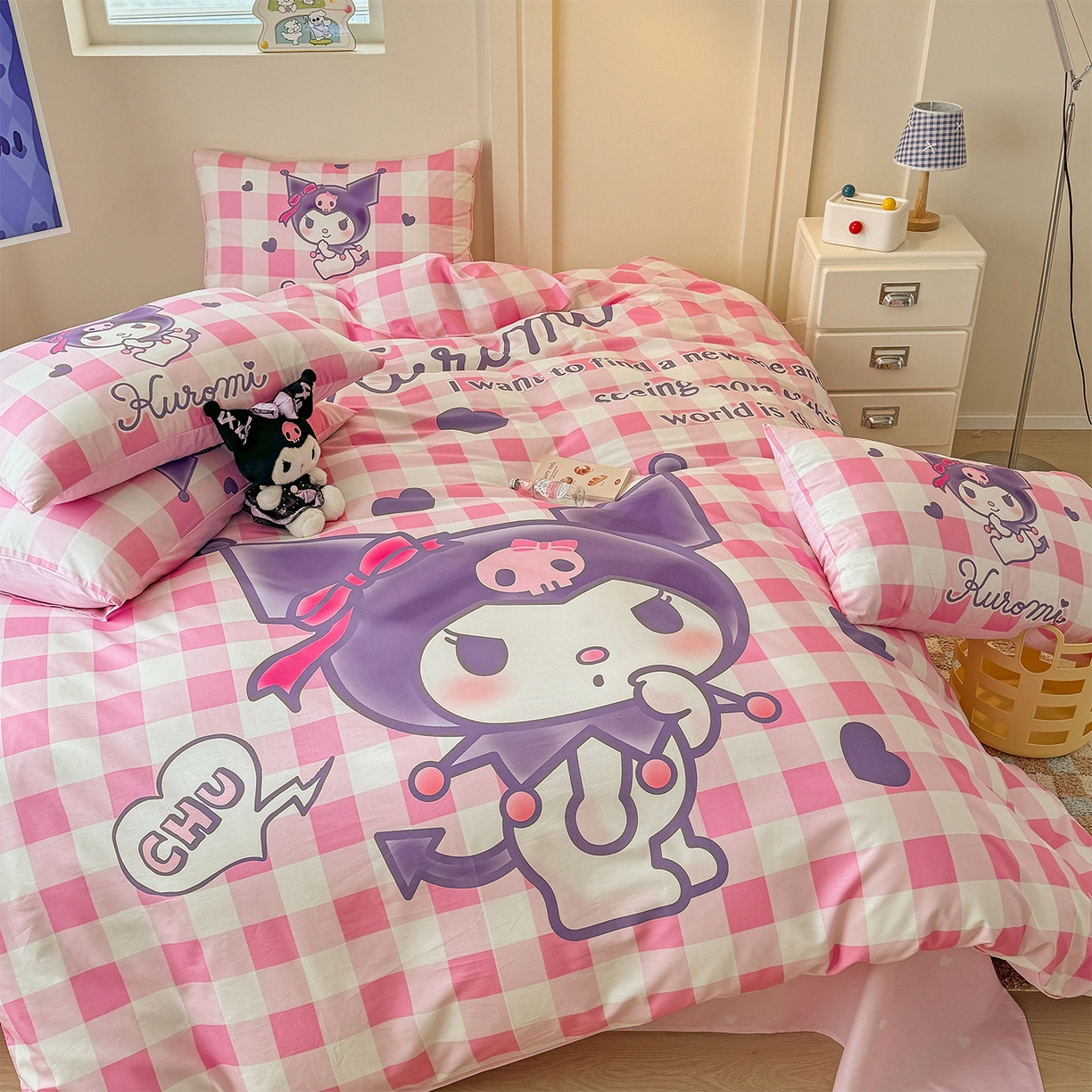 91家纺网 家纺一手货源 找家纺 玉元坊 2025新款正版授权三丽鸥系列全棉纯棉三四件套 基础款 格子库洛米-基础款