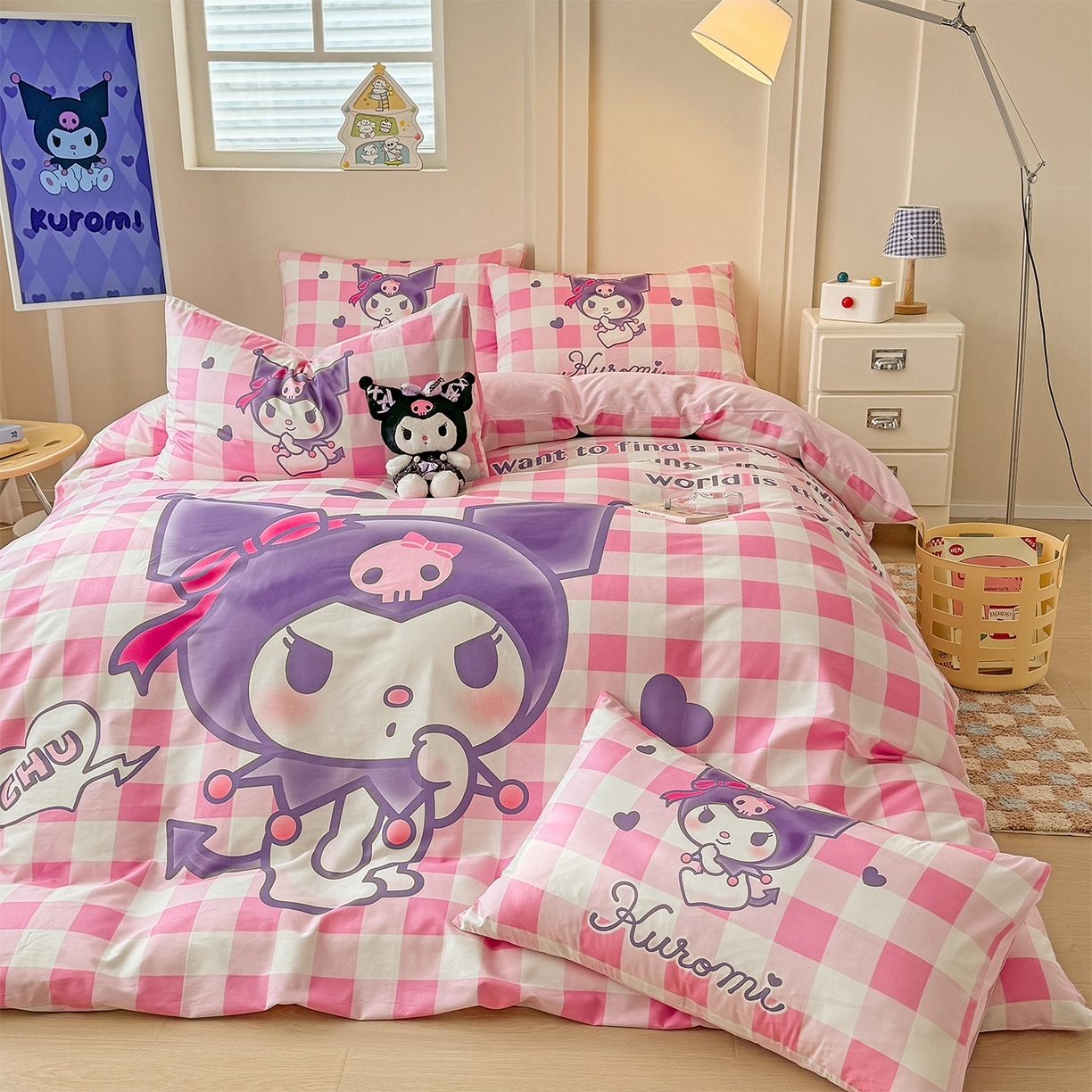 91家纺网 家纺一手货源 找家纺 玉元坊 2025新款正版授权三丽鸥系列全棉纯棉三四件套 基础款 格子库洛米-基础款