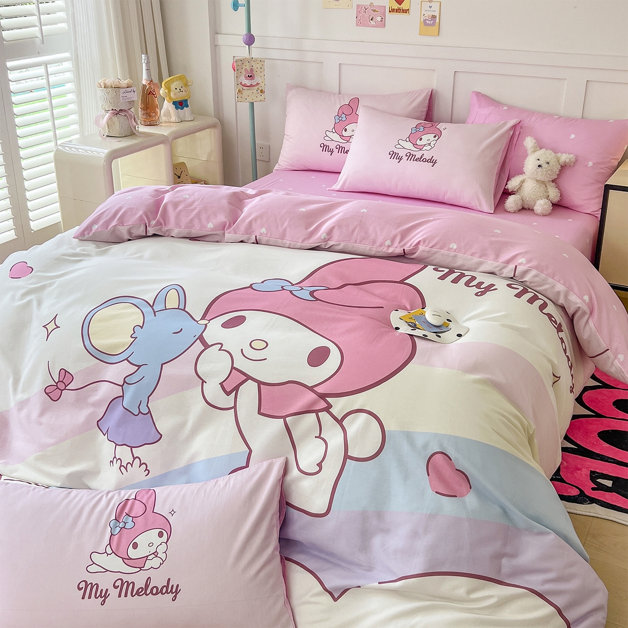 91家纺网 家纺一手货源 找家纺 玉元坊 2025新款正版授权三丽鸥系列全棉纯棉三四件套 基础款 粉兔亲亲-基础款