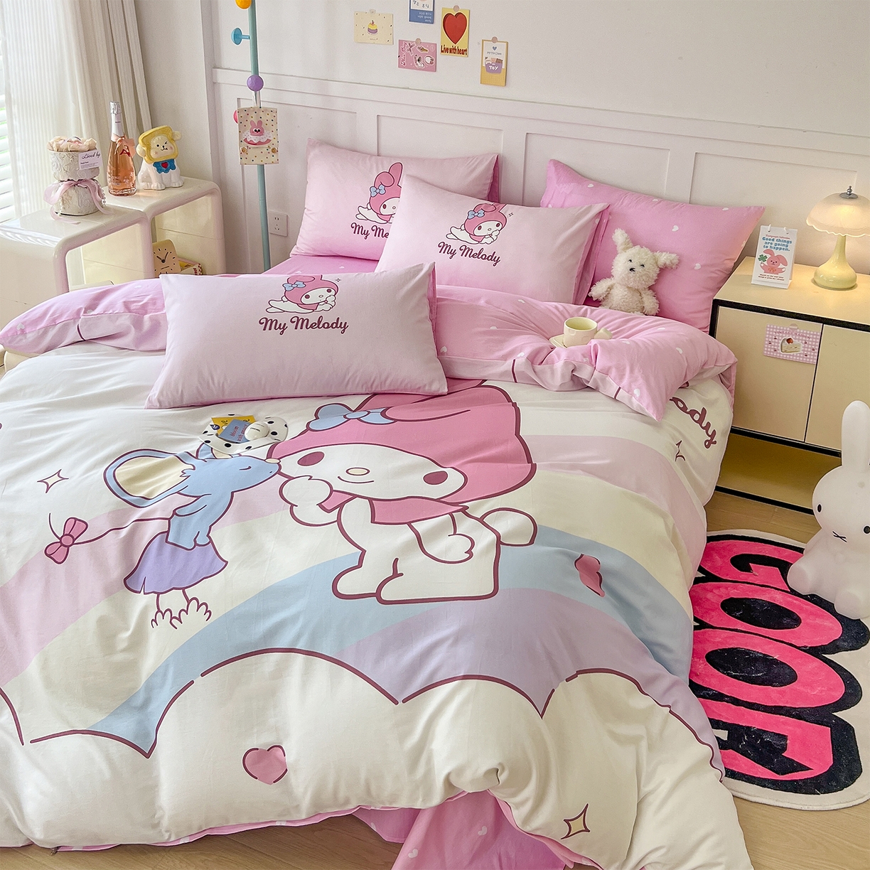 91家纺网 家纺一手货源 找家纺 玉元坊 2025新款正版授权三丽鸥系列全棉纯棉三四件套 基础款 粉兔亲亲-基础款