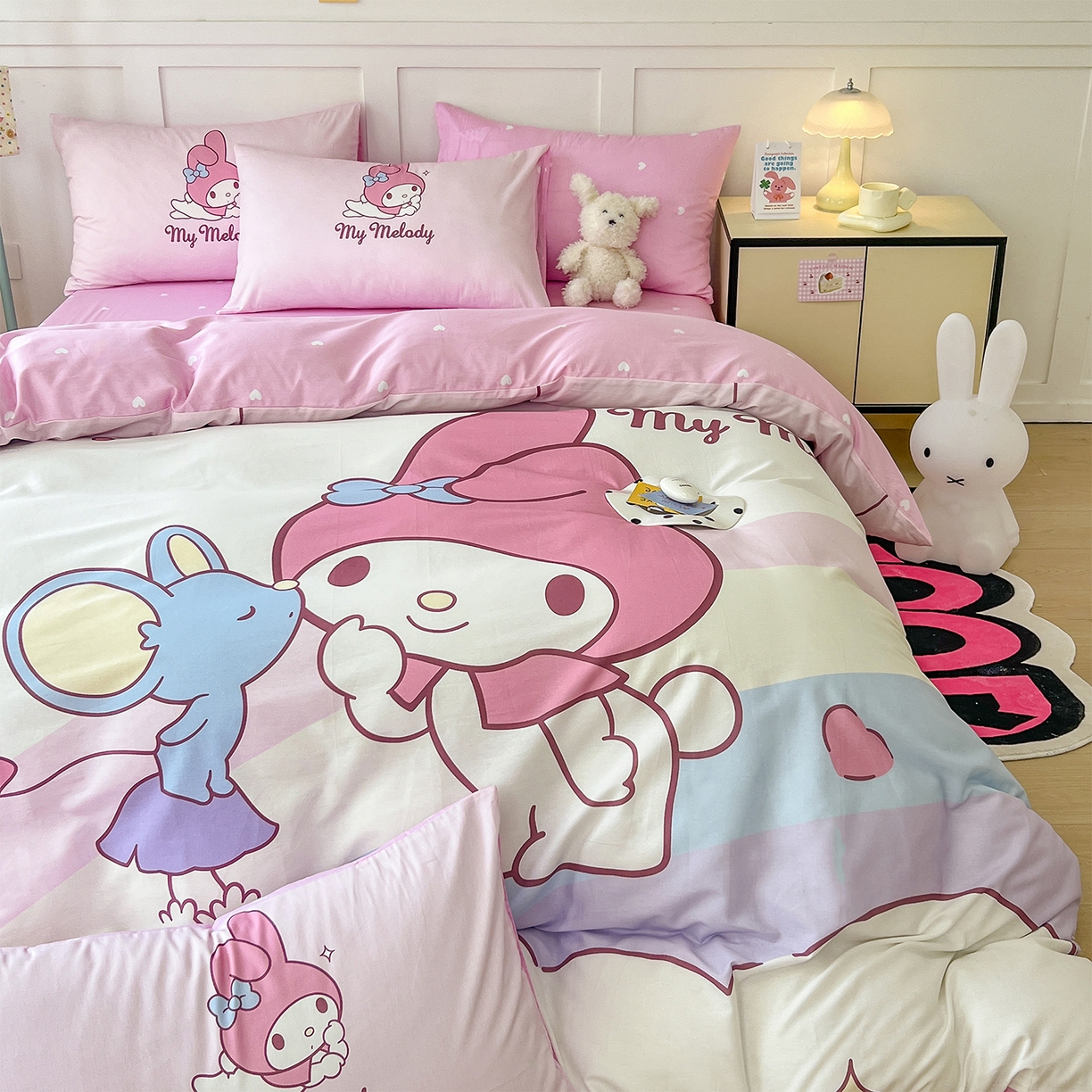 91家纺网 家纺一手货源 找家纺 玉元坊 2025新款正版授权三丽鸥系列全棉纯棉三四件套 基础款 粉兔亲亲-基础款