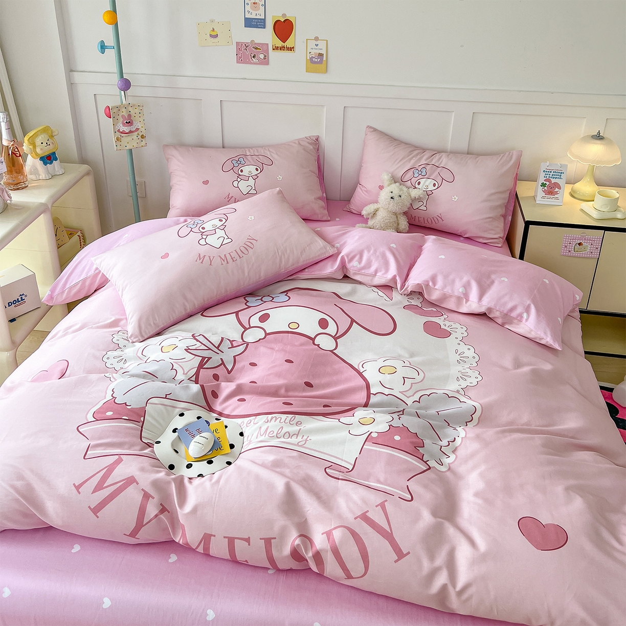 91家纺网 家纺一手货源 找家纺 玉元坊 2025新款正版授权三丽鸥系列全棉纯棉三四件套 基础款 粉兔草莓-基础款