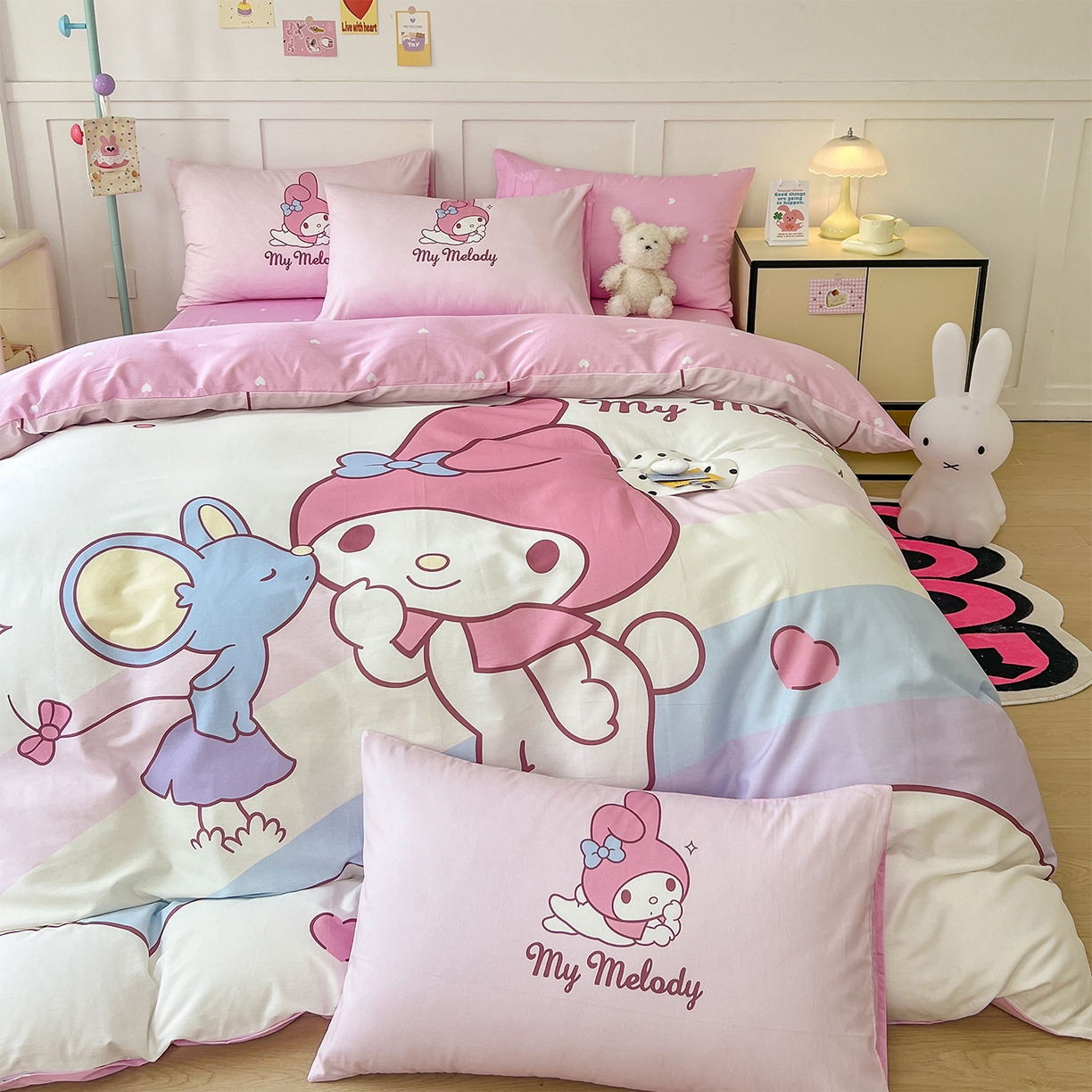 91家纺网 家纺一手货源 找家纺 玉元坊 2025新款正版授权三丽鸥系列全棉纯棉三四件套 基础款 粉兔亲亲-基础款