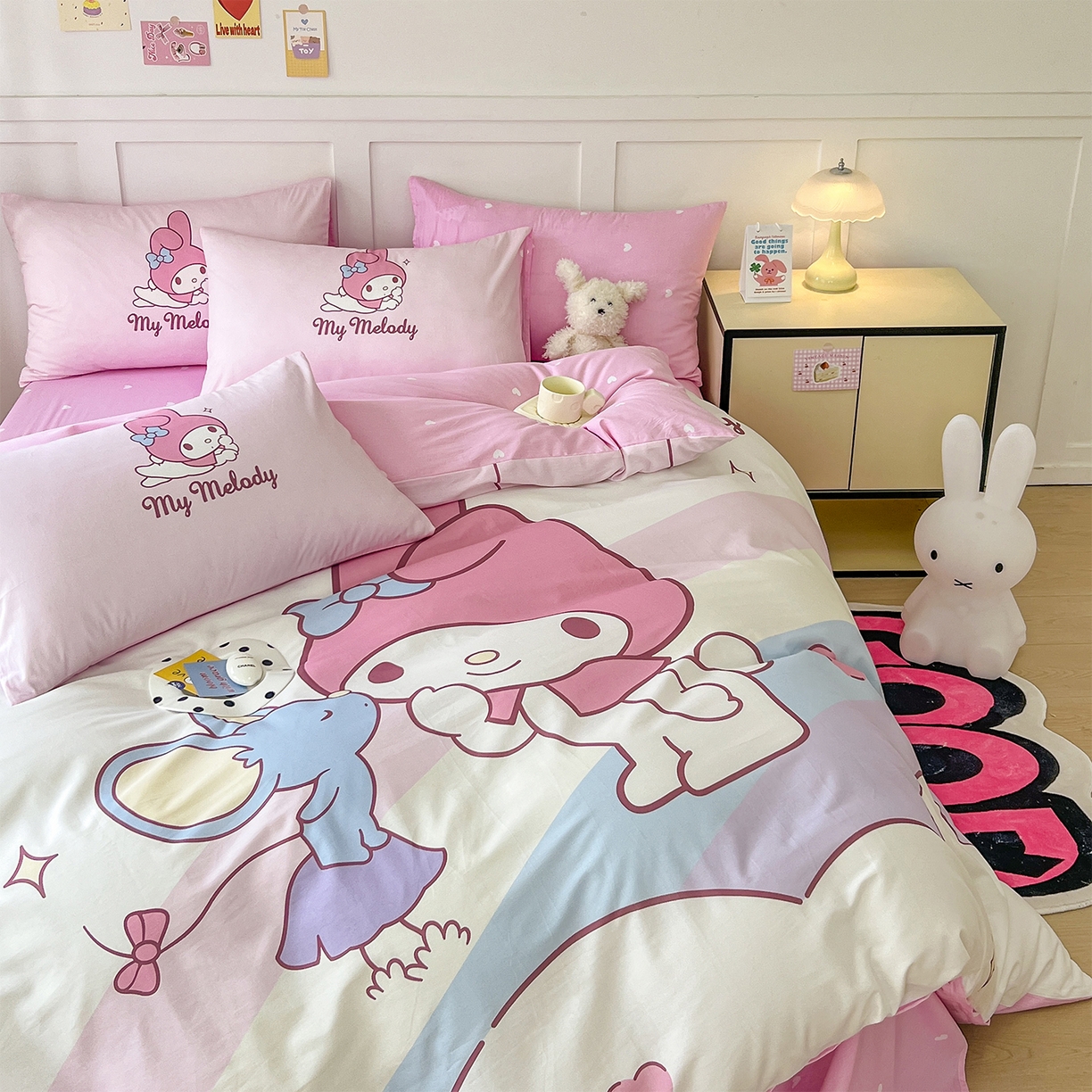 91家纺网 家纺一手货源 找家纺 玉元坊 2025新款正版授权三丽鸥系列全棉纯棉三四件套 基础款 粉兔亲亲-基础款