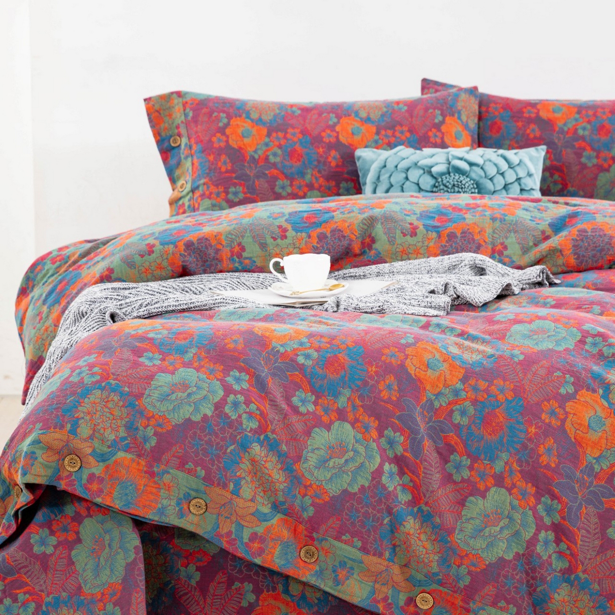 91家纺网 家纺一手货源 找家纺 （总）仰望棉麻双层纱供应链 2026新款全棉色织提花双层纱纽扣款四件套--花语