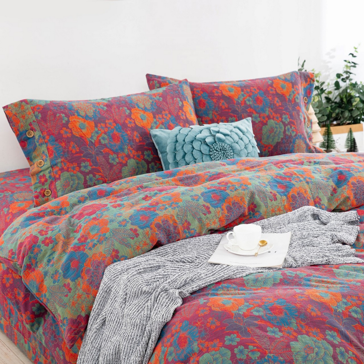 91家纺网 家纺一手货源 找家纺 （总）仰望棉麻双层纱供应链 2026新款全棉色织提花双层纱纽扣款四件套--花语