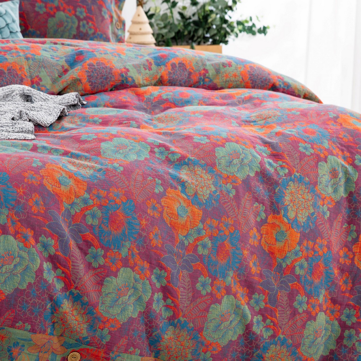 91家纺网 家纺一手货源 找家纺 （总）仰望棉麻双层纱供应链 2026新款全棉色织提花双层纱纽扣款四件套--花语