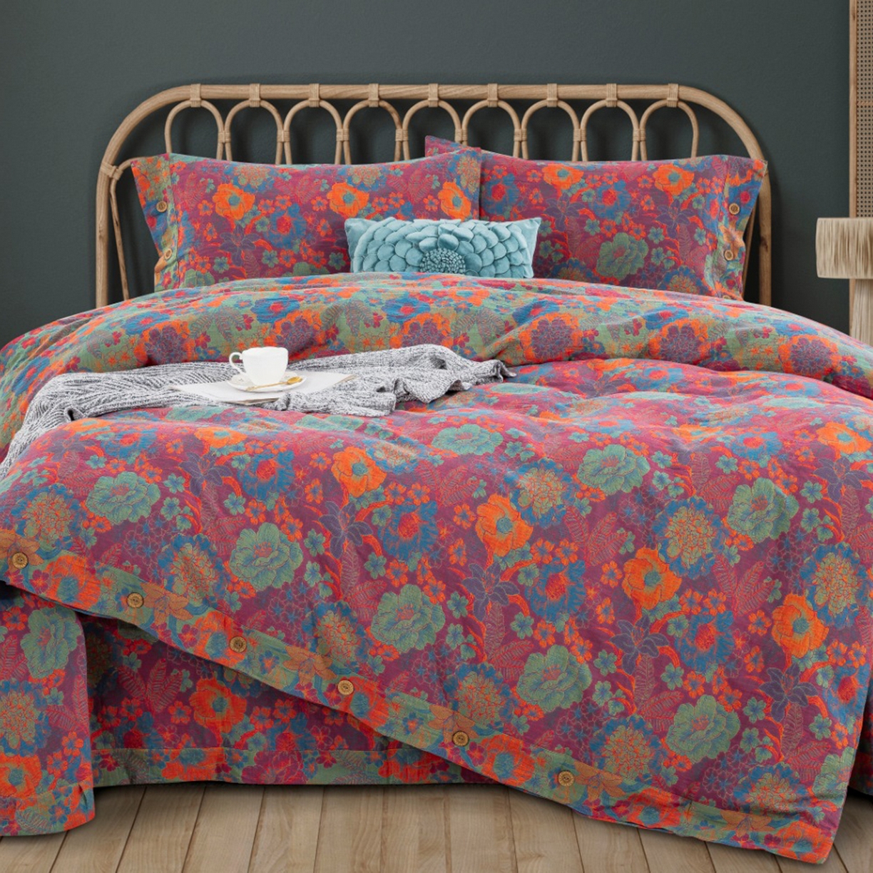 91家纺网 家纺一手货源 找家纺 （总）仰望棉麻双层纱供应链 2026新款全棉色织提花双层纱纽扣款四件套--花语