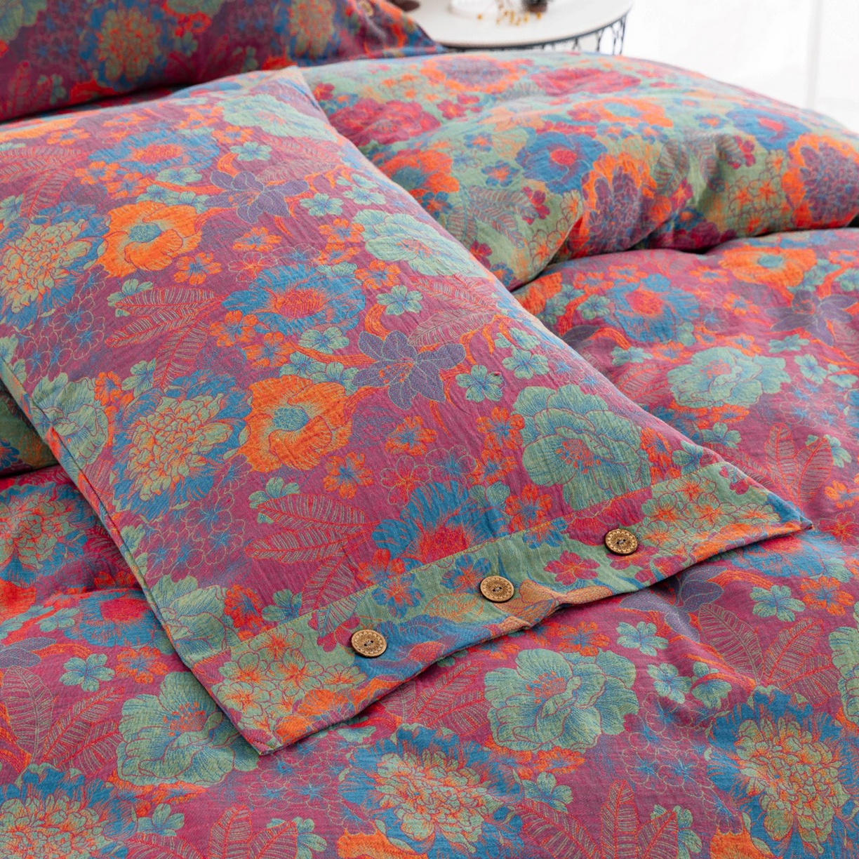 91家纺网 家纺一手货源 找家纺 （总）仰望棉麻双层纱供应链 2026新款全棉色织提花双层纱纽扣款四件套--花语