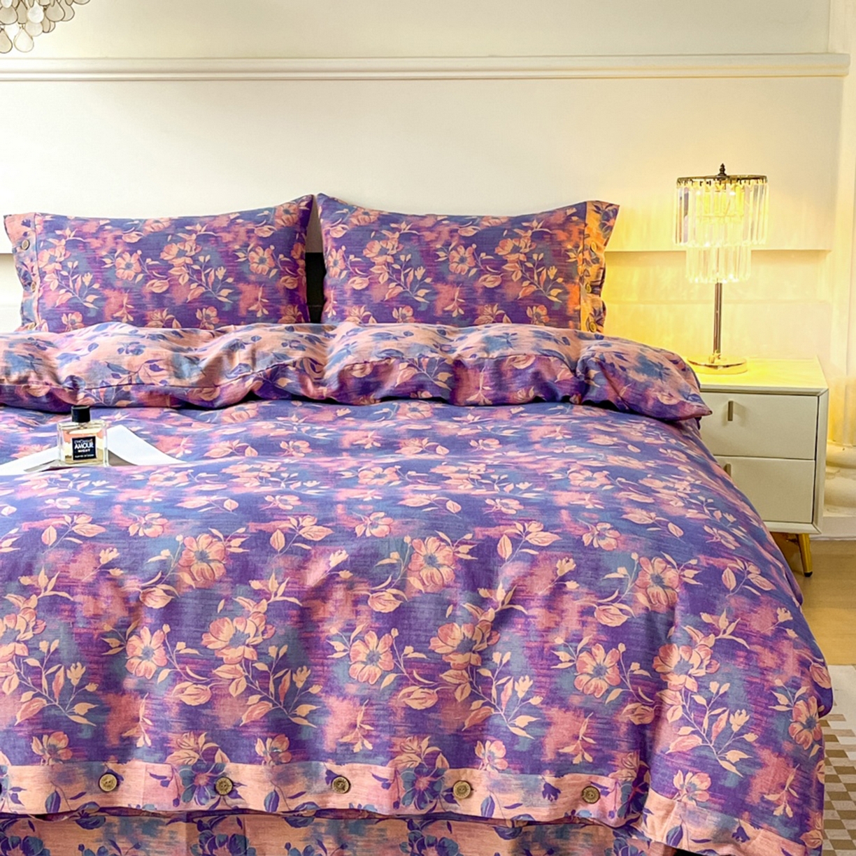 91家纺网 家纺一手货源 找家纺 （总）仰望棉麻双层纱供应链 2026新款全棉色织提花双层纱纽扣款四件套--花海