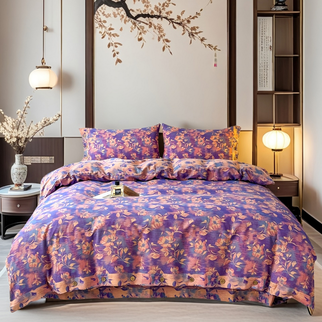 91家纺网 家纺一手货源 找家纺 （总）仰望棉麻双层纱供应链 2026新款全棉色织提花双层纱纽扣款四件套--花海