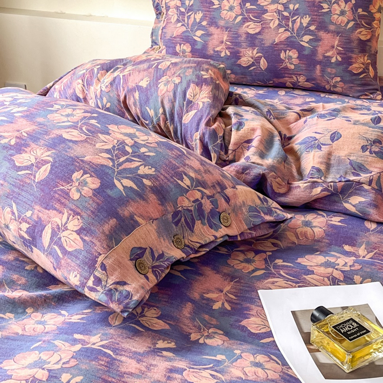 91家纺网 家纺一手货源 找家纺 （总）仰望棉麻双层纱供应链 2026新款全棉色织提花双层纱纽扣款四件套--花海