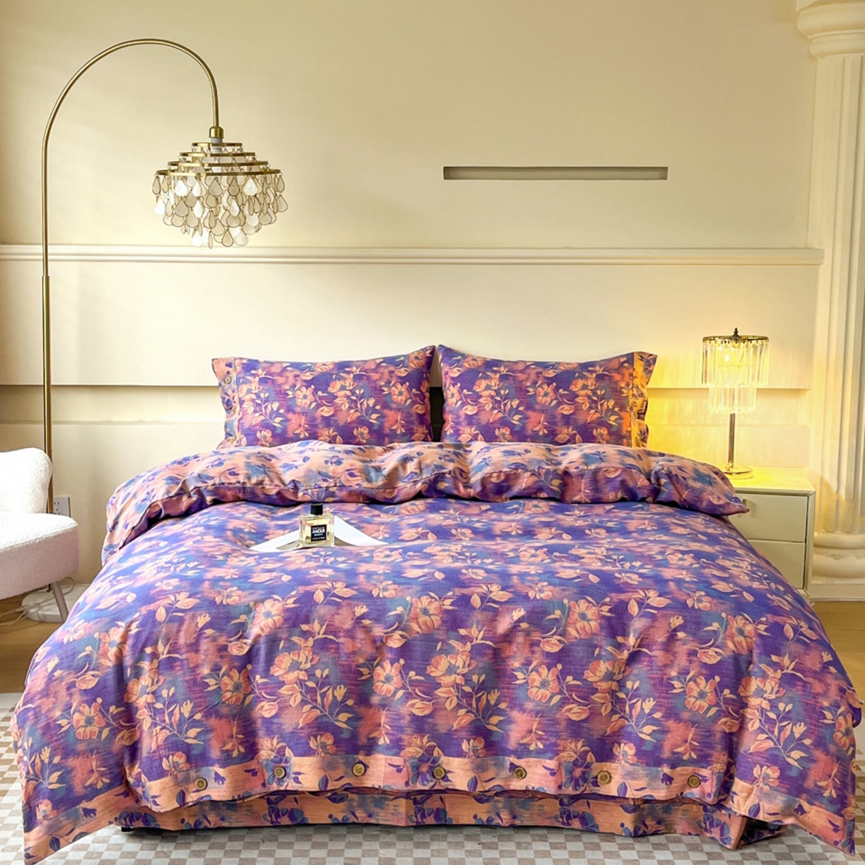 91家纺网 家纺一手货源 找家纺 （总）仰望棉麻双层纱供应链 2026新款全棉色织提花双层纱纽扣款四件套--花海