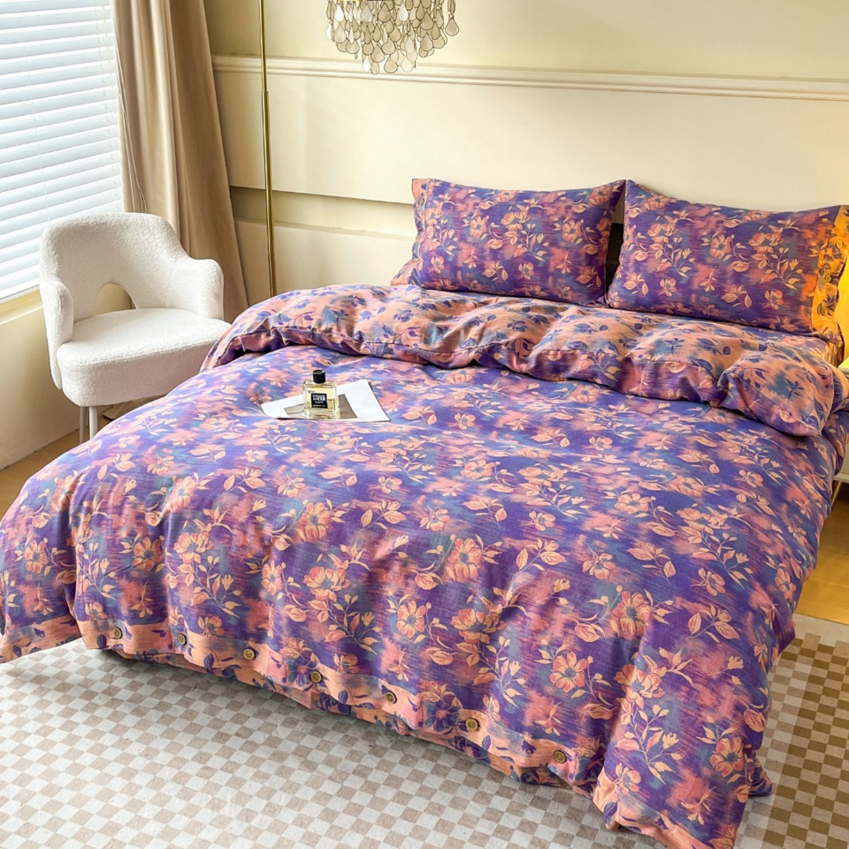 91家纺网 家纺一手货源 找家纺 （总）仰望棉麻双层纱供应链 2026新款全棉色织提花双层纱纽扣款四件套--花海