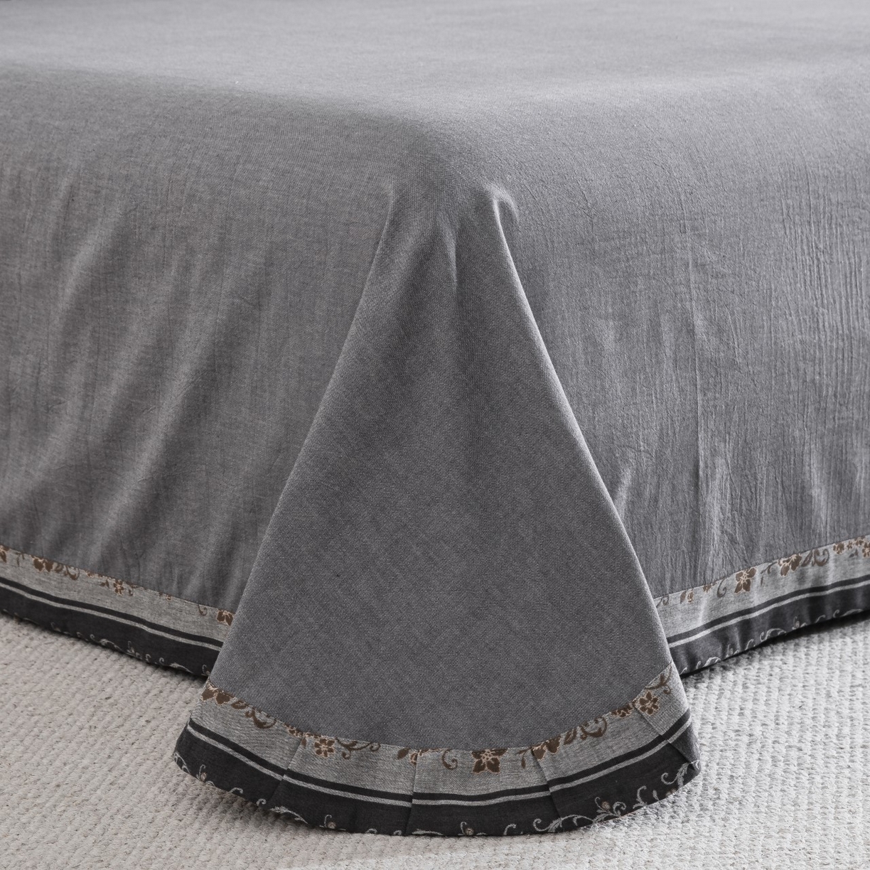 91家纺网 家纺一手货源 找家纺 （总）仰望棉麻双层纱供应链 2026新款全棉色织提花双层纱纽扣款四件套--冬日繁花灰