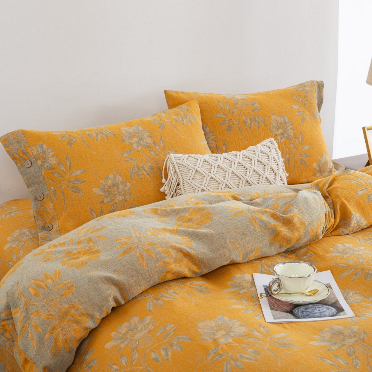 91家纺网 家纺一手货源 找家纺 仰望棉麻双层纱供应链 2026新款全棉色织提花纽扣款四件套--国色天香 国色天香-黄