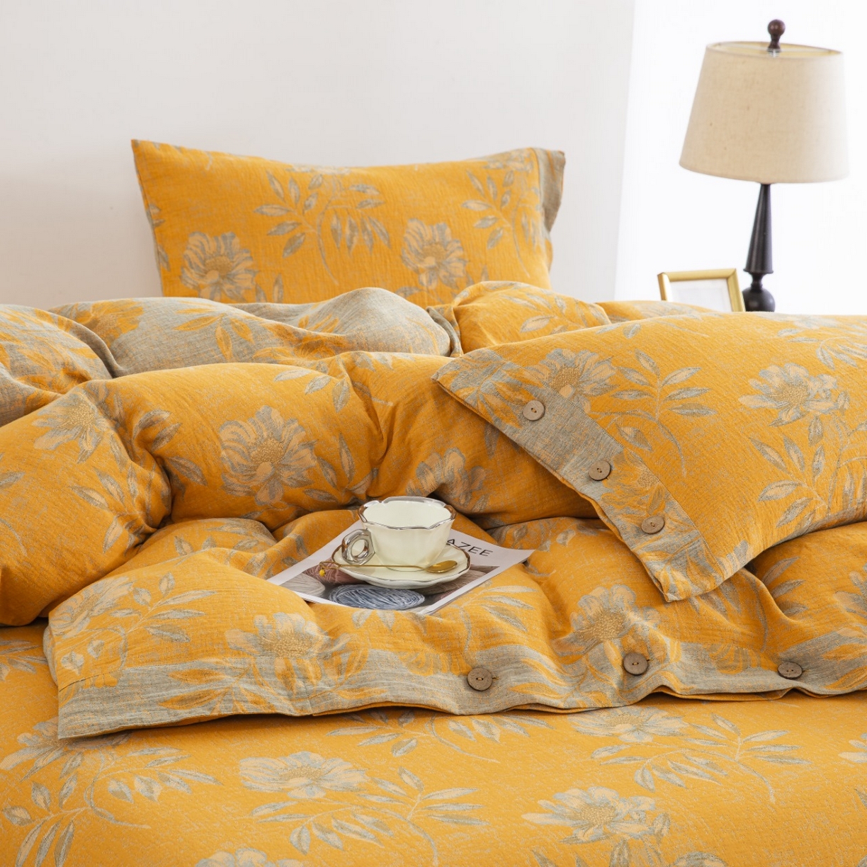 91家纺网 家纺一手货源 找家纺 仰望棉麻双层纱供应链 2026新款全棉色织提花纽扣款四件套--国色天香 国色天香-黄