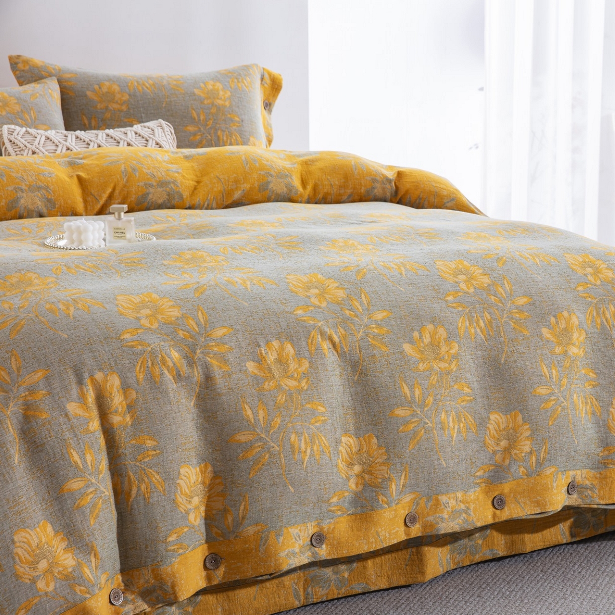 91家纺网 家纺一手货源 找家纺 仰望棉麻双层纱供应链 2026新款全棉色织提花纽扣款四件套--国色天香 国色天香-灰