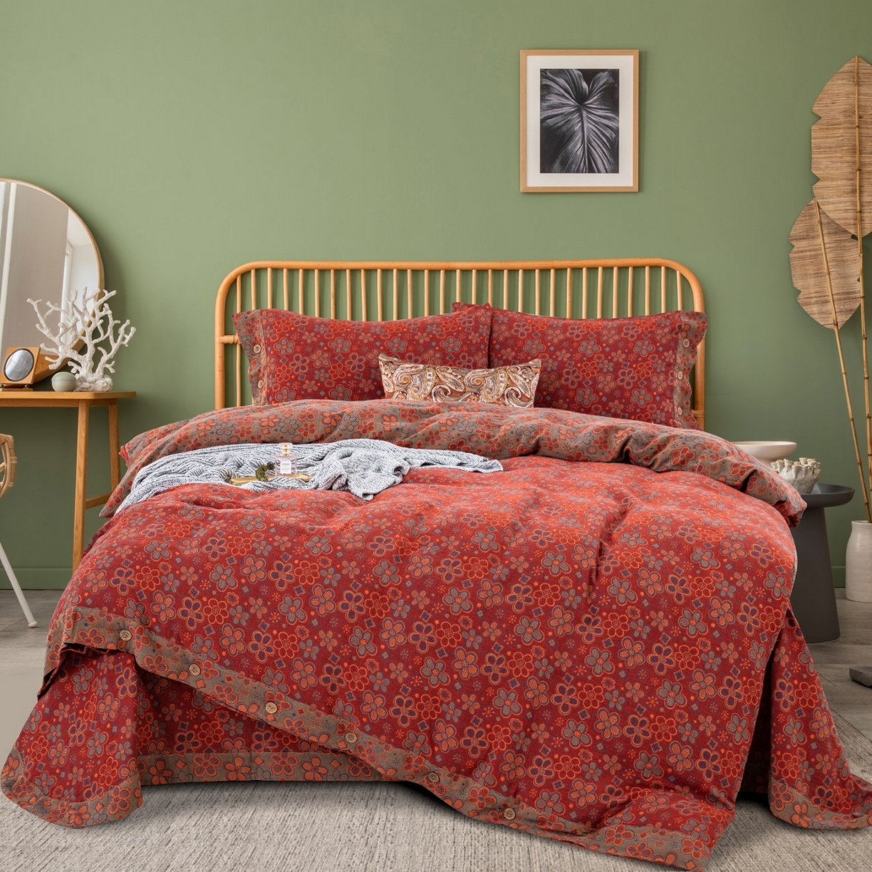 91家纺网 家纺一手货源 找家纺 （总）仰望棉麻双层纱供应链 2026新款全棉色织提花纽扣款四件套--马丽亚-酒红