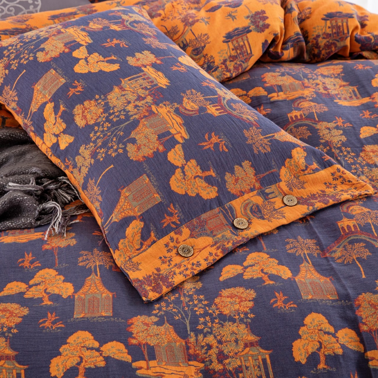 91家纺网 家纺一手货源 找家纺 （总）仰望棉麻双层纱供应链 2026新款全棉色织提花纽扣款四件套--森林庭院