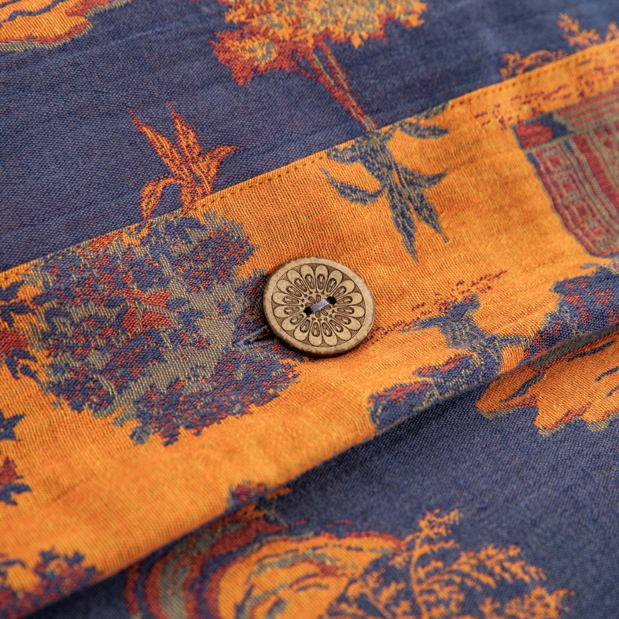 91家纺网 家纺一手货源 找家纺 仰望棉麻双层纱供应链 2026新款全棉色织提花纽扣款四件套--森林庭院 森林庭院-藏青