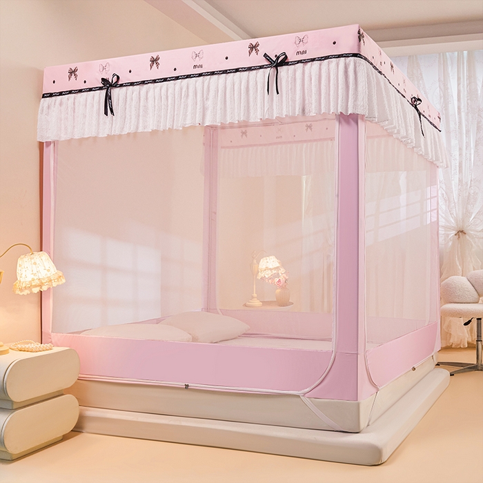 91家纺网 家纺一手货源 找家纺 锦逸家居 2026新款遮光坐床蚊帐 蝴蝶结-粉（带遮光帘款）