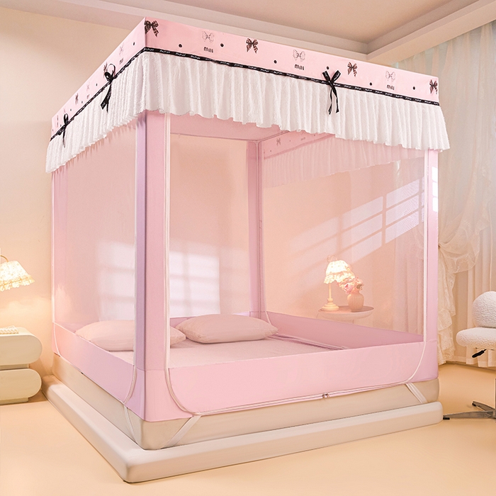 91家纺网 家纺一手货源 找家纺 锦逸家居 2026新款遮光坐床蚊帐 蝴蝶结-粉（不带遮光帘款）