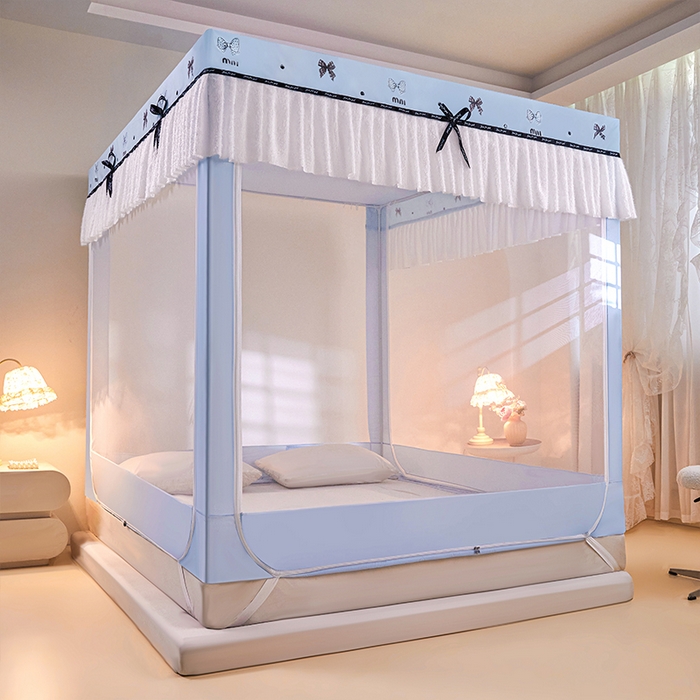 91家纺网 家纺一手货源 找家纺 锦逸家居 2026新款遮光坐床蚊帐 蝴蝶结-蓝（带遮光帘款）