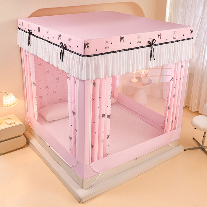 91家纺网 家纺一手货源 找家纺 锦逸家居 2026新款遮光坐床蚊帐 蝴蝶结-粉（不带遮光帘款）