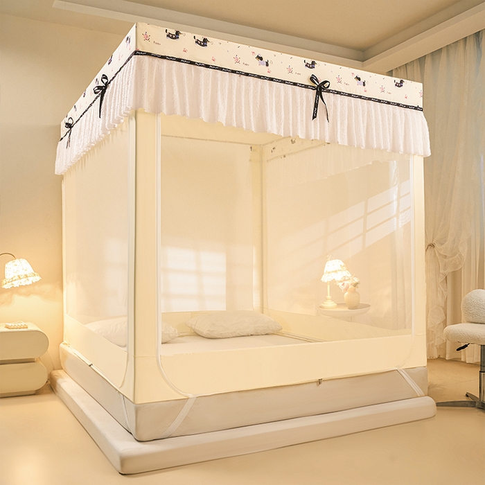 91家纺网 家纺一手货源 找家纺 锦逸家居 2026新款遮光坐床蚊帐 腊肠狗-米黄（带遮光帘款）