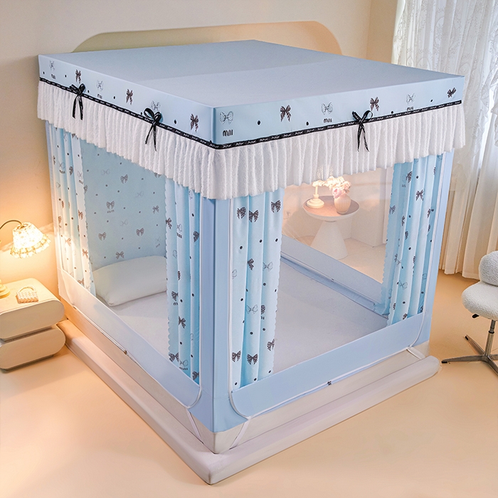 91家纺网 家纺一手货源 找家纺 锦逸家居 2026新款遮光坐床蚊帐 蝴蝶结-蓝（带遮光帘款）