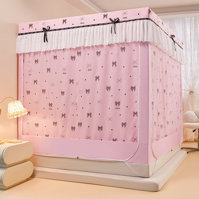 91家纺网 家纺一手货源 找家纺 锦逸家居 2026新款遮光坐床蚊帐 蝴蝶结-粉（带遮光帘款）