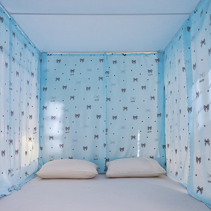 91家纺网 家纺一手货源 找家纺 锦逸家居 2026新款遮光坐床蚊帐 蝴蝶结-蓝（带遮光帘款）