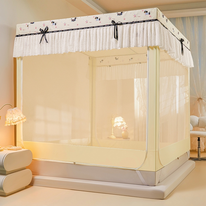 91家纺网 家纺一手货源 找家纺 锦逸家居 2026新款遮光坐床蚊帐 腊肠狗-米黄（带遮光帘款）