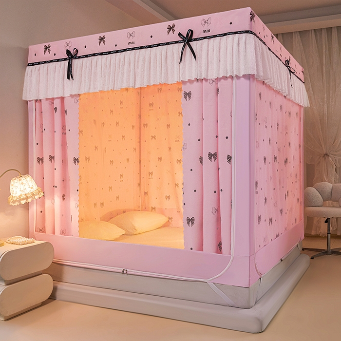 91家纺网 家纺一手货源 找家纺 锦逸家居 2026新款遮光坐床蚊帐 蝴蝶结-粉（不带遮光帘款）