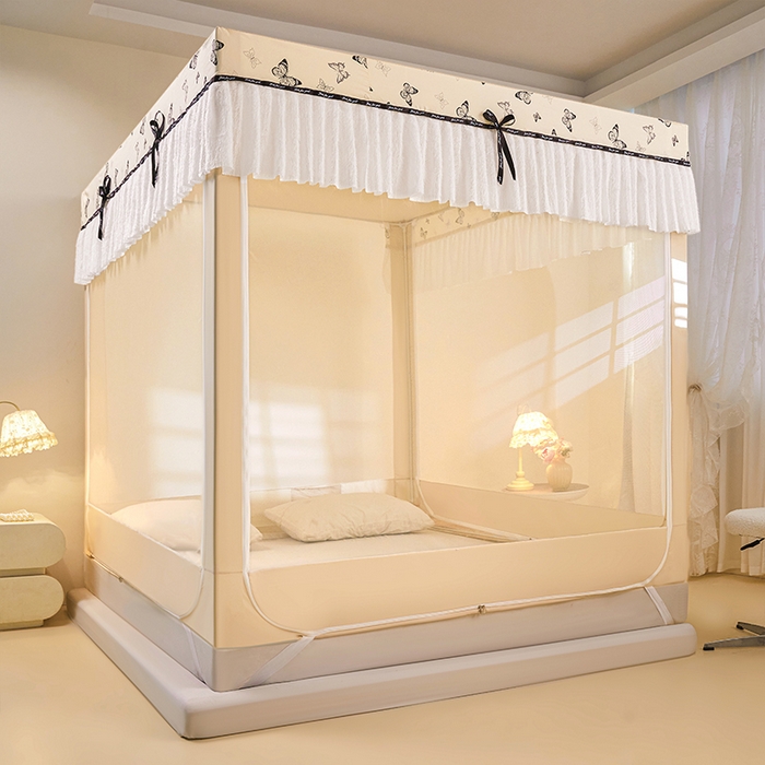 91家纺网 家纺一手货源 找家纺 锦逸家居 2026新款遮光坐床蚊帐 蝴蝶结-米黄（不带遮光帘款）