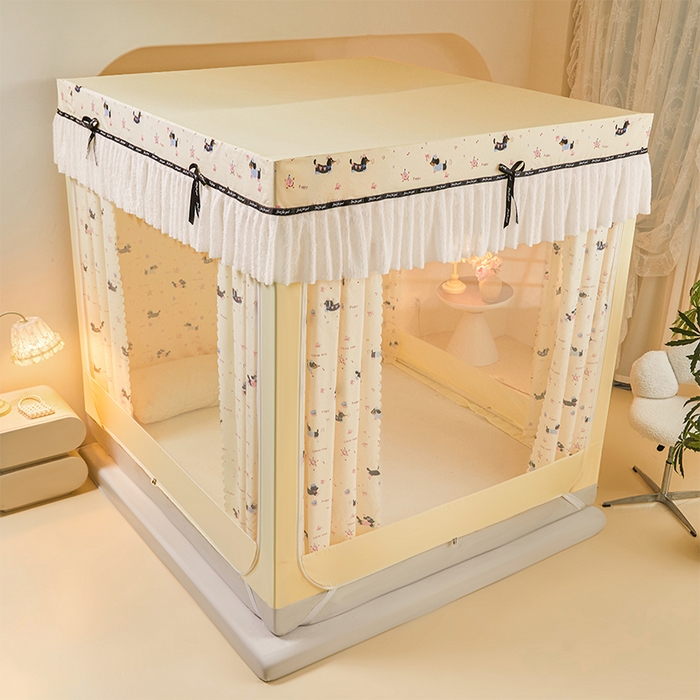 91家纺网 家纺一手货源 找家纺 锦逸家居 2026新款遮光坐床蚊帐 腊肠狗-米黄（不带遮光帘款）