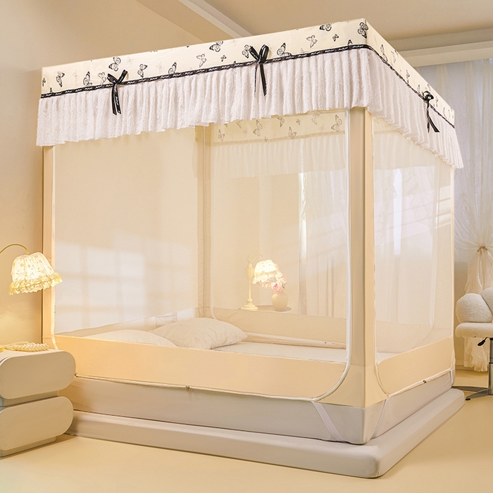 91家纺网 家纺一手货源 找家纺 锦逸家居 2026新款遮光坐床蚊帐 蝴蝶结-米黄（带遮光帘款）