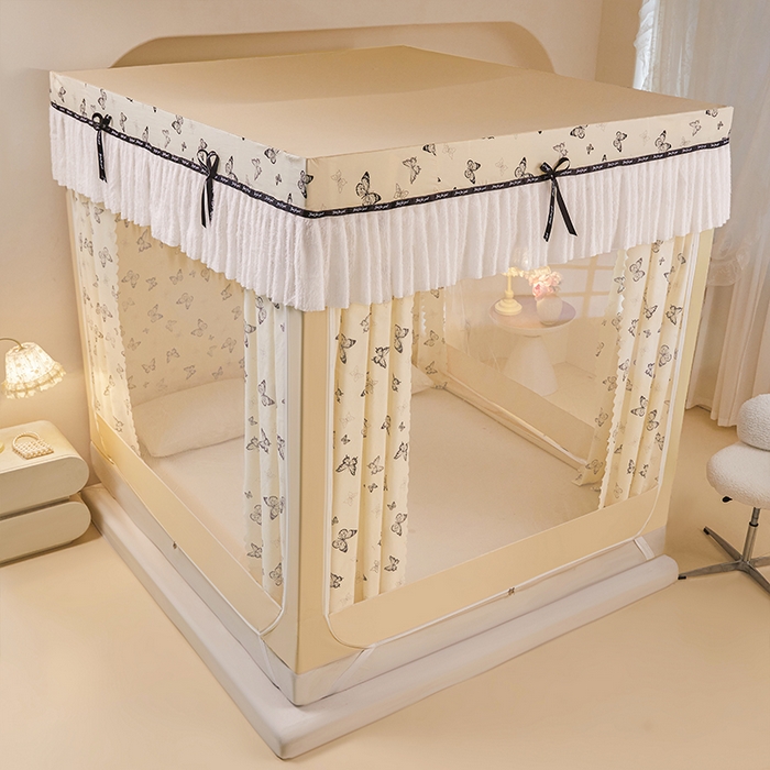 91家纺网 家纺一手货源 找家纺 锦逸家居 2026新款遮光坐床蚊帐 蝴蝶结-米黄（带遮光帘款）