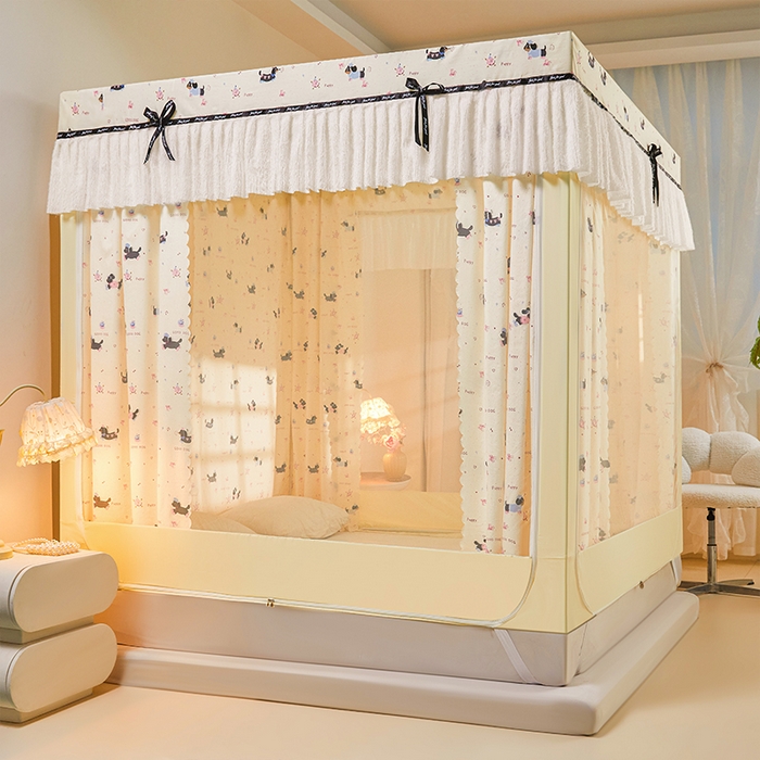 91家纺网 家纺一手货源 找家纺 锦逸家居 2026新款遮光坐床蚊帐 腊肠狗-米黄（带遮光帘款）