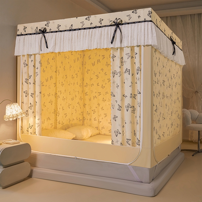 91家纺网 家纺一手货源 找家纺 锦逸家居 2026新款遮光坐床蚊帐 蝴蝶结-米黄（不带遮光帘款）